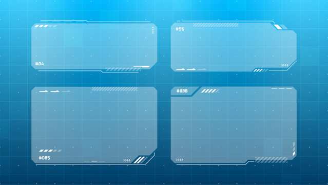 Four blue transparent hud interface windows on grid pattern background. Futuristic ui graphic for data display template.