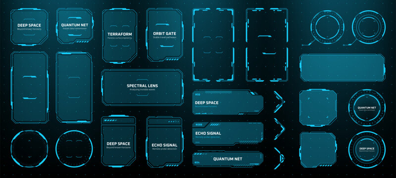 Blue hud vector graphic elements. High tech digital information display screens for sci fi video game interface.