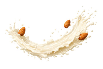 Almond milk splash with falling almonds. Dynamic plant-based vegan beverage or cream splash on transparent background