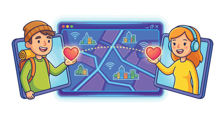 Fototapeta premium Two strangers reaching across a digital map to connect hearts isolated