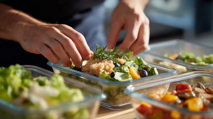 Hands arranging meals while using lunch prep routine with portion planning, placing food into control friendly containers to support healthy eating and daily meal organization. cinematic color