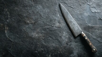 Elegant chef's knife on dark slate background with wooden handle.