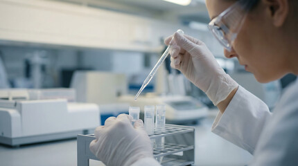 Laboratory technician using pipette to transfer liquid into test tubes in modern clinical lab with gloves and goggles for scientific research and diagnostics