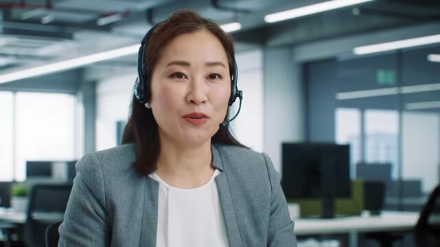 Professional individual in business-casual attire and black headset, actively listening, nodding, and gesturing in a bright, sleek open-plan office with bokeh. Concept of professional remote support