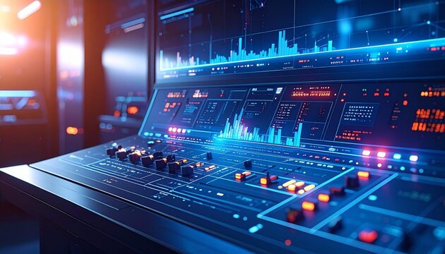 illuminated operator console, displaying a complex SCADA (Supervisory Control and Data Acquisition) system interface.n