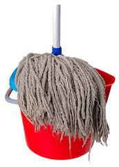 A water bucket and a mop for cleaning the floor. Isolated background. © Piotr