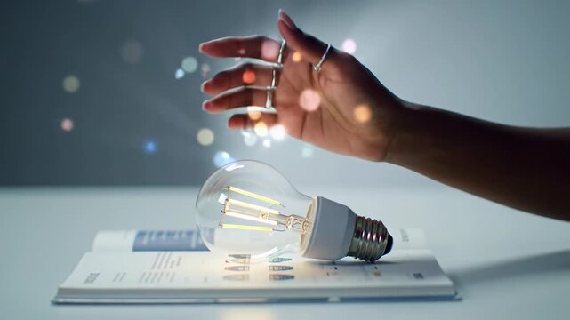 Diverse hand gently touches glowing modern LED lightbulb on a design book/tablet, set on a light desk with soft bokeh. Slow dolly push-in with shallow dof. Concept of ingenious discovery and future