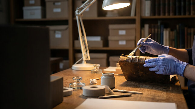 Archivist restoring antique book with brush under desk lamp in archive workspace wearing blue nitrile gloves for document conservation preservation and rare manuscript care