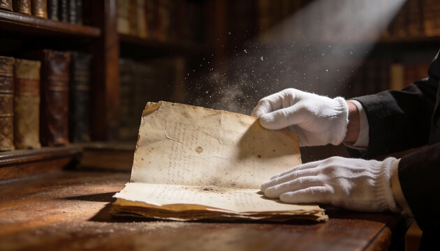 Archivist wearing white cotton gloves handling fragile aged documents in library with dust particles and dramatic light for historical research preservation and rare records