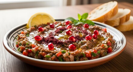 Delicious, vibrant Middle Eastern dip with pomegranate seeds, served with bread