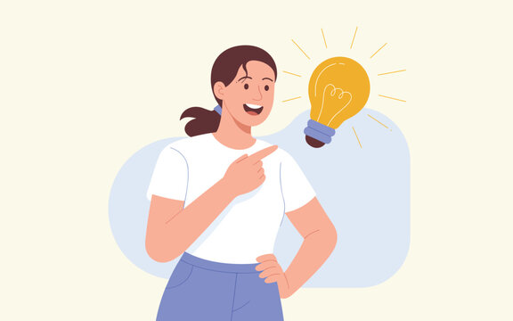 A smiling woman in casual attire pointing at a glowing lightbulb beside her head, symbolizing an idea or inspiration