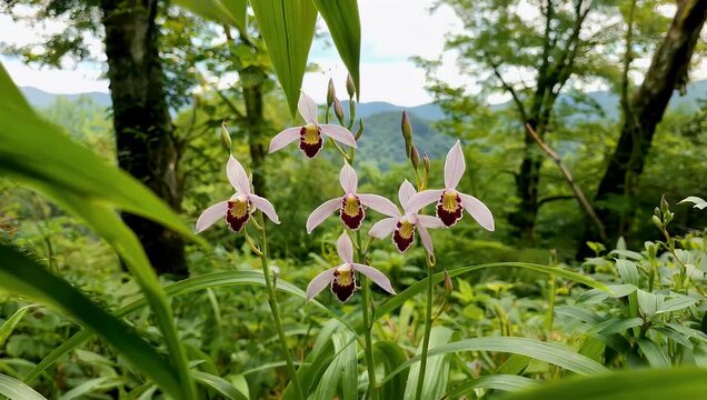 High resolution 4K footage of the rare wild orchid species known as Bhatou Phool blooming the lush forests of Assam during springtime capturing vibrant colors delicate petals natural floral 