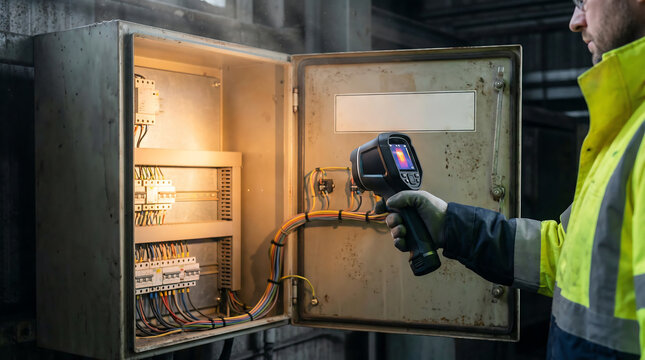 Industrial electrician performing infrared thermography inspection on electrical control cabinet wiring using thermal imaging camera predictive maintenance safety concept