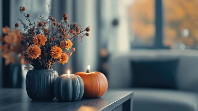 A cozy fall setting with pumpkins and flowers on a table.