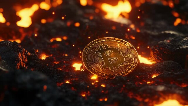 A single Bitcoin coin on a bed of flames, symbolizing the volatile nature of cryptocurrency.