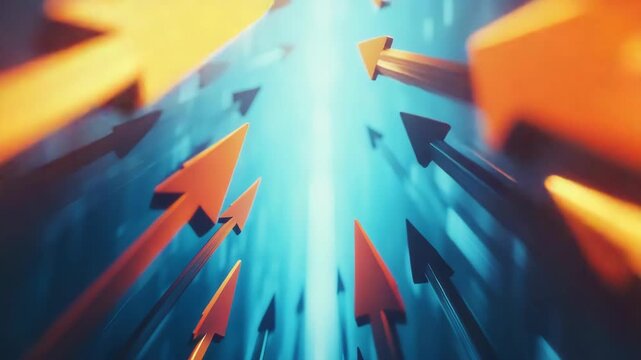 A colorful of multiple arrows against an energetic blue and orange backdrop with light flares and reflections