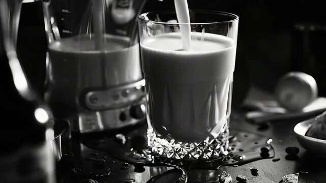 A glass filled with milk sitting on a table. Ice cubes are floating within the glass. The background is blurred and indistinct.