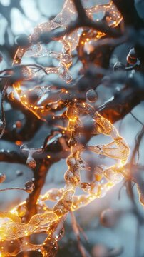 d glowing double helix molecule against a tree branch backdrop.