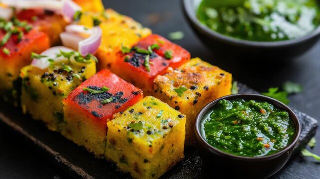 A deliciously prepared vegetable flatbread resting on a wooden board next to a bowl of vibrant green sauce, ready for serving.