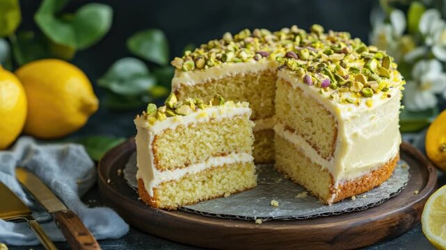 A slice of layered cake with nuts and cream icing. The cake is on a wooden plate with lemons in the background.