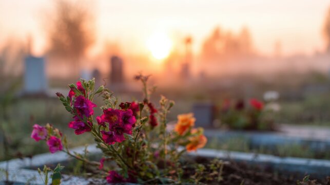 Flowers bloom in a cemetery at sunrise during early morning hours