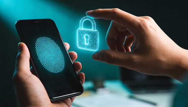 Multi factor authentication concept fingerprint scan on smartphone with holographic lock icon secure mobile login identity verification and cybersecurity
