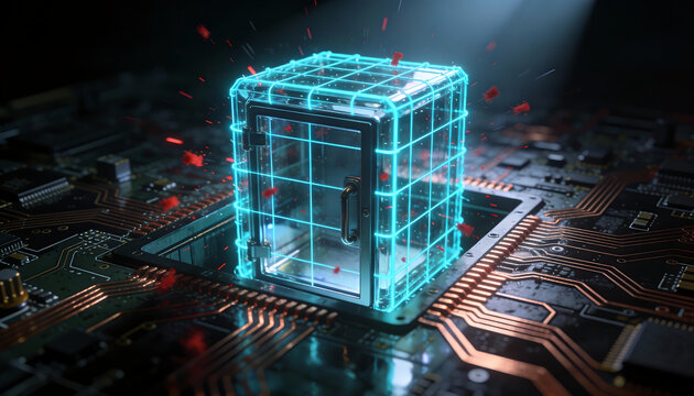 Ransomware defense concept glowing secure vault cube on computer circuit board cyber protection data encryption and malware security technology background