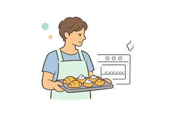 Young caucasian male baking croissants in kitchen with oven