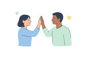 Fototapeta premium Diverse young adults high-fiving in minimalist cartoon style illustration