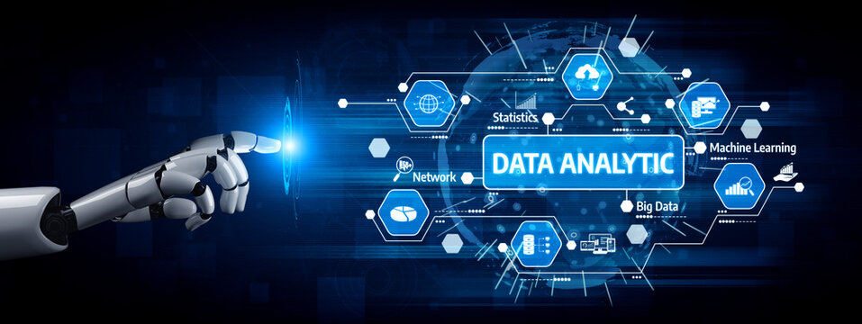 A robotic hand points to a digital screen displaying data analytic concepts, emphasizing technology role in statistics and machine learning innovations. Tessel