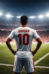 Fototapeta premium Back View of Jordan Football Player Under Stadium Lights