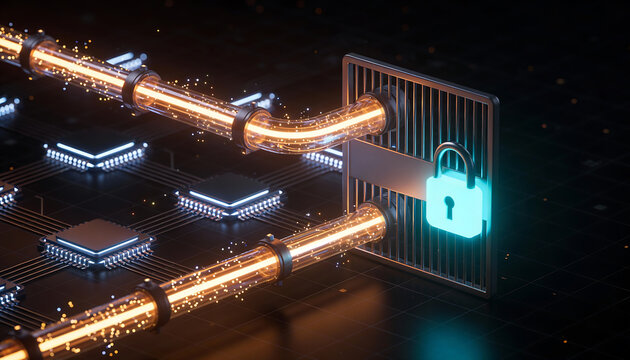 Secure api firewall illustration data pipeline flowing through locked gateway connected microchips network routing token authentication encryption for developers