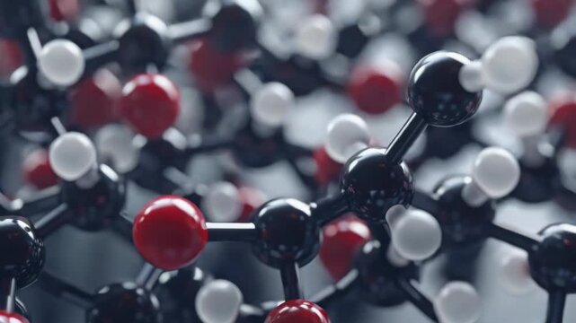 Detailed showing the three-dimensional structure of a molecule with red and white atoms connected by black bonds. Useful for educational materials about chemistry or nanoscience.