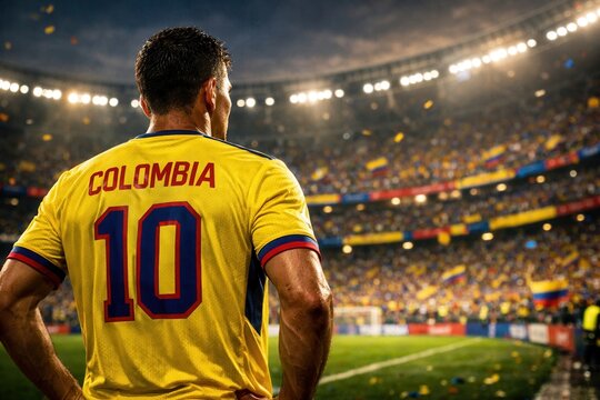 Colombian Soccer Player Number Ten Facing World Cup Crowd