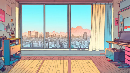 部屋の窓から見える都会の風景