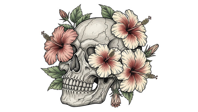 Skull with pink hibiscus flowers and green leaves isolated on a transparent background