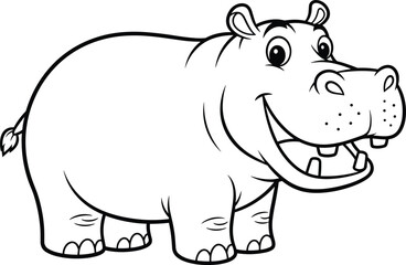 Obraz premium Cartoon hippopotamus line art for kids coloring book, black and white animal drawing, educational zoo character illustration vector