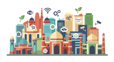 Fototapeta premium Vibrant Indian cityscape illustration featuring iconic landmarks in a vector style, showcasing India's modern architecture and technological advancements.