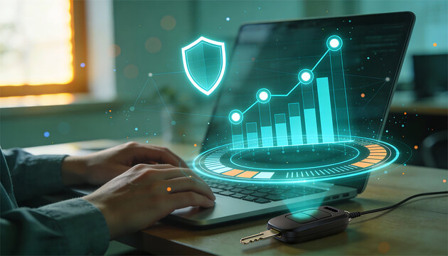 Zero trust access control workspace hands typing on laptop with holographic shield and analytics chart secure login cybersecurity monitoring and compliance