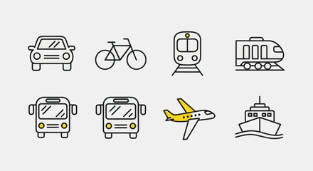 Transportation icons car bicycle train bus airplane and ship illustrations © Corne