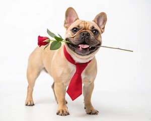 Obraz premium Cute French bulldog with necktie and rose on white background