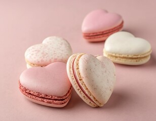 Obraz premium Sweet heart-shaped macaroons on pink background, closeup.