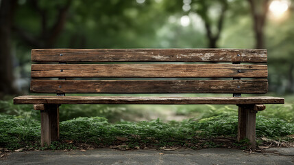 Naklejka premium Wooden Park Bench with Blurred Green Park Background