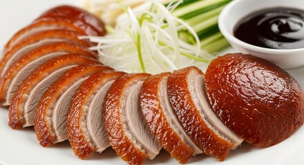 Fototapeta premium Crispy Peking Duck Slices Served with Hoisin Sauce and Garnish