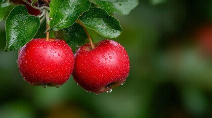 Apples on a tree branch kissed by sunlight