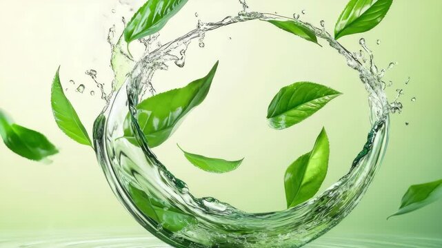 A clear splash of water with a leaf in the center, creating a circular pattern on a soft light background. The is ideal for themes related to water, health, nature, or rejuvenation.