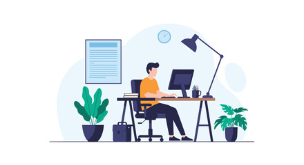 Fototapeta premium Man working at a computer in a home office, with plants and a clock on the wall, symbolizing productivity and remote work or freelance lifestyle.