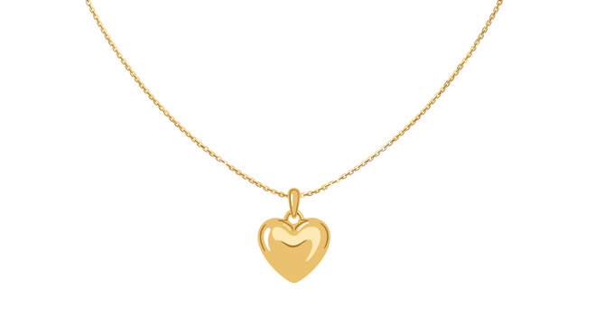 A lustrous gold heart charm dangles from a fine chain necklace against a white backdrop, showcasing its polished surface and classic design as a timeless exp...