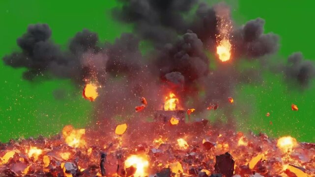 Metal fragment scatter &ndash; explosion hurling glowing molten metal pieces on green screen background