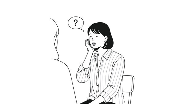 A woman on the phone looking confused with a question mark bubble, illustrating a problem or uncertainty in communication or a difficult situation.